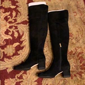 Black suede over the knee boots. Approx 2” heel.